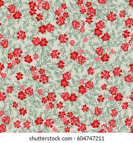 Simple cute pattern in small-scale flowers of maiden pink. Pretty Dianthus millefleurs. Liberty style. Floral seamless background for dress, manufacturing,  print, gift wrap and scrapbooking.