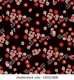 Simple cute pattern in small-scale red flowers. Millefleurs. Liberty style. Floral seamless black background for textile or book covers, manufacturing, wallpapers, print, gift wrap and scrapbooking.