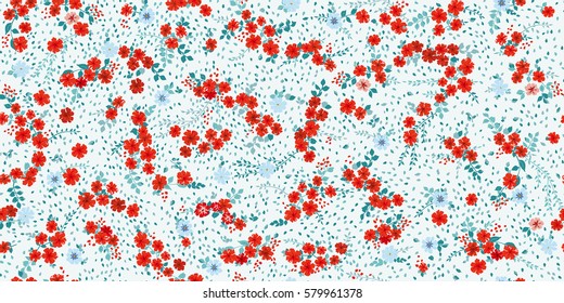 Simple cute pattern in small-scale red flowers. Millefleurs. Liberty style. Floral seamless background for textile or book covers, manufacturing, wallpapers, print, gift wrap and scrapbooking.