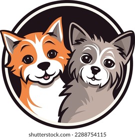 Sencillo y lindo emblema de mascota con dos perros, ilustración de diseño de logotipo vectorial.