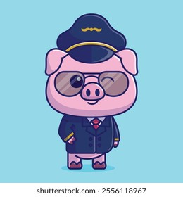 Simple cute pig pilot cartoon vector illustration Collection of animals concept icon isolated