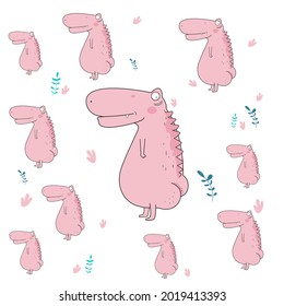 simple cute pink dino illustration with big ass and green leaves nursery typography kids book hand-drawn with pastel dino simple style isolated on white background vector illustration