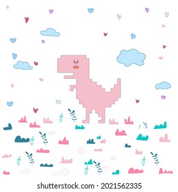 Simple cute pink dino illustration with blue clouds and hearts. There are colorful trees. Nursery typography children's book hand-drawn in simple pastel dino style isolated on white background vector 