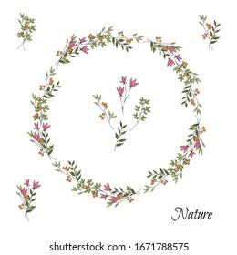 Simple cute pink and orange flowers and leaves in doodle style. Decorative wreath. Isolated object on a white background. Hand drawing.
