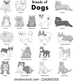 Simple and cute popular dog breed hand-drawn line drawing vector illustration set
