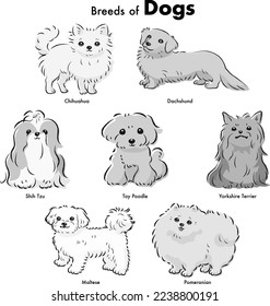 Simple and cute popular small dog breed hand-drawn line drawing vector illustration set