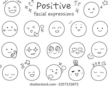 Simple and cute positive facial expression icon set. Black line drawing with hand-drawn touch.