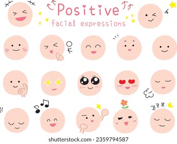 Simple and cute positive facial expression icon set. Colored flat design illustration.