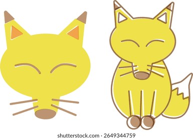 A simple and cute print-style illustration of a yellow fox, shown as both face and full body.