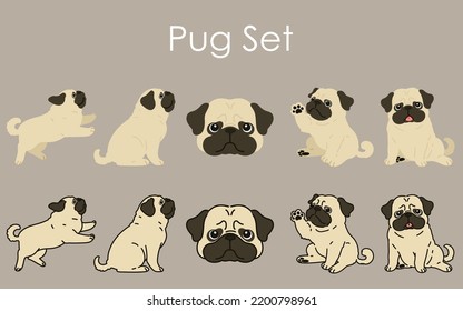 Simple and cute Pug illustrations set