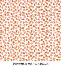 Simple cute red and pink flowers with leaves on white, ditsy seamless pattern, vector