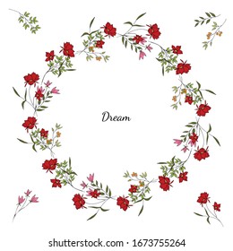 Simple cute red and pink flowers and leaves in doodle style. Decorative wreath. Isolated object on a white background. Hand drawing.