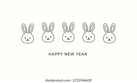 Fila simple y linda de cinco caras de conejo de conejo para una ilustración de tarjeta de felicitación de Feliz Año Nuevo sobre un fondo blanco liso.