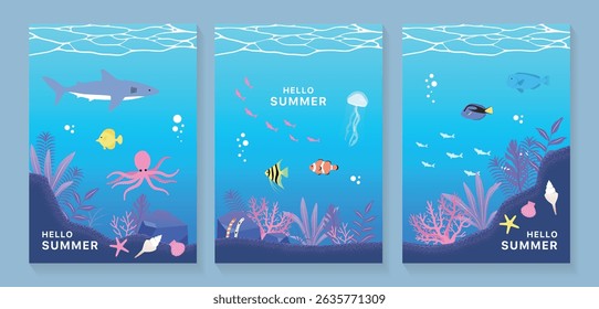 Simple and cute sea creature illustrations set