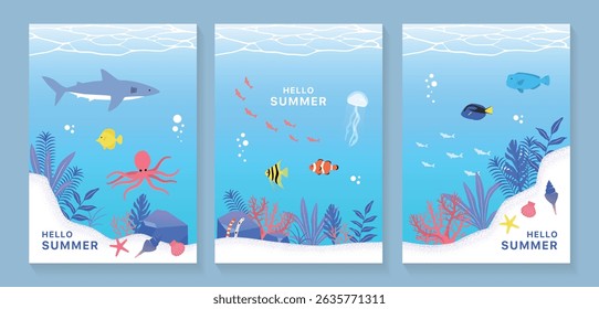 Simple and cute sea creature illustrations set
