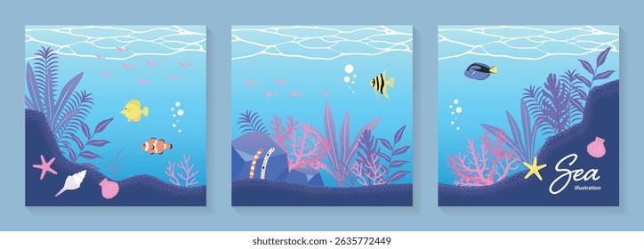 Simple and cute sea creature illustrations set