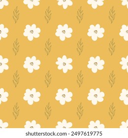 Simple cute seamless floral pattern background vector. Seamless surface pattern on orange background.