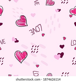 Simple cute seamless pattern with handdrawn hearts for packaging and fabric, flat vector illustration