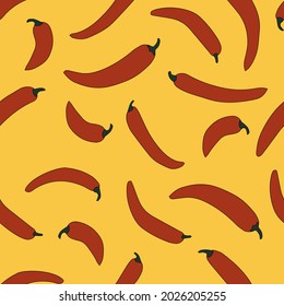 Simple cute seamless pattern with red chilly peppers on tellow background. Made in vector.