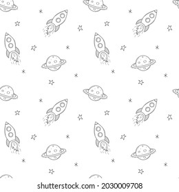 A simple cute seamless pattern with a spaceship, rocket, planet Saturn. Black and white background with isolated hand-drawn doodle outline elements. Vector illustration