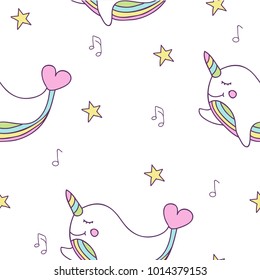 Simple cute seamless pattern with stars, magic rainbow narwhal whale with hearts, notes.  Background for textile, book covers, manufacturing, wallpapers, print, gift wrap and scrapbooking. 