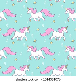 Simple cute seamless pattern with stars, magic rainbow unocorn horse with pink mane, gold hooves, notes.  Background for textile,  manufacturing, wallpapers, print, gift wrap and scrapbooking. 