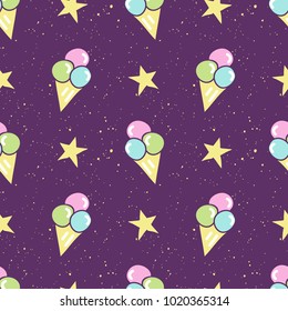 Simple cute seamless pattern with stars, ice cream. Purple grunge background for textile, manufacturing, wallpapers, print, gift wrap and scrapbooking.