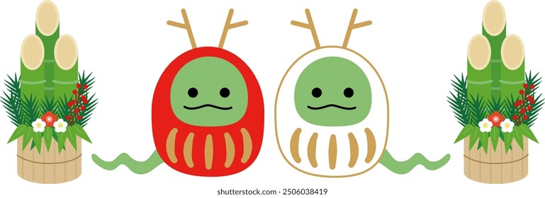 A simple and cute set of red and white snake daruma and New Year's pine decorations