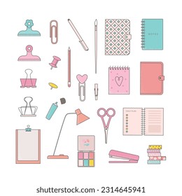 Simple cute set of stationery and office supplies. Vector illustration with school accossorice, notebook, clips.