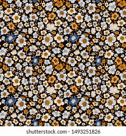 Simple cute small pattern in white, yellow, blue flowers. Floral seamless background in liberty style. Colorful artistic print for textile, book covers, wallpapers, gift wrap, scrapbooking... Vector.