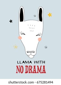 Simple cute smiling dreaming white llama drawing, blue background with black and yellow flowers, hand drawn vector illustration for t-shirts, phone case, mugs, wall art etc. text "llama with no drama"