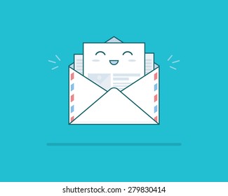 Simple cute smiling post letter on light blue background. Opening an e-mail. Good news