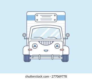 Simple cute smiling truck on light blue background