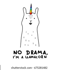 Simple cute smiling white llama and unicorn hybrid drawing, rainbow magic horn, hand drawn vector illustration for t-shirts, phone case, mugs, wall art etc.  text "no drama, i'm a llamacorn"