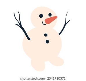 Simple cute snowman. Hand drawn smiling snowman isolated on transparent background. Simple cartoon snowman with carrot nose in naive style. Vector illustration.