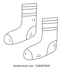 Simple cute socks in cartoon doodle style. Cozy autumn or winter knitted wool socks. Black outlines isolated on a white background. Hand drawn linear vector illustration. Contour drawing. 