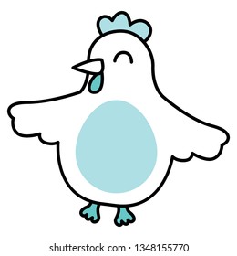 Simple cute spring blue hen with cockerel, beak, spread wings and belly in shape of egg. Happy Easter character, farm bird. Big chicken clip art in Nordic style.Thin line vector illustration for print