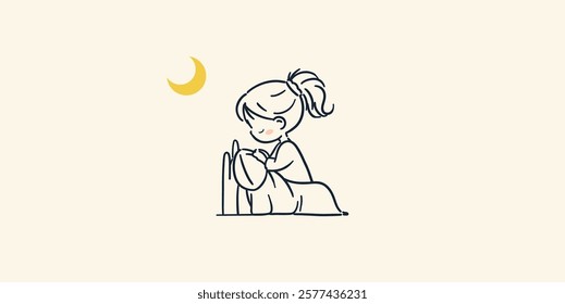 A simple, cute and stylish illustration of a child praying under the moonlight