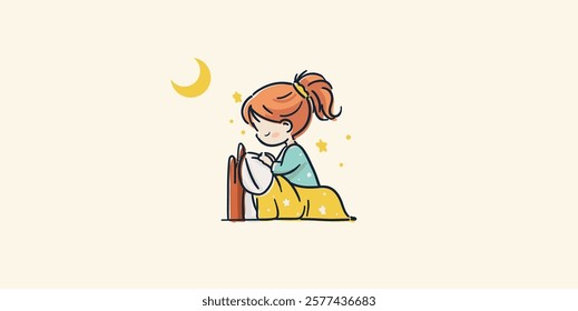 A simple and cute stylish illustration of a child praying under the moonlight