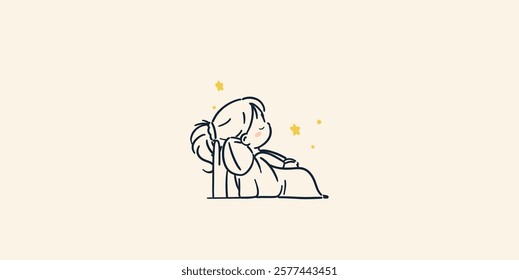 
A simple, cute and stylish illustration of a child relaxing and sleeping under the starry sky