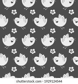 Simple cute stylized birds on a dark background. Seamless pattern for packaging, wallpaper, paper, scrapbooking. Kids decor