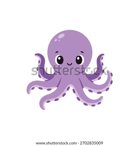 A simple, cute, and stylized cartoon illustration of a happy, purple octopus, a friendly and charming sea creature character.