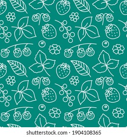Simple and cute summer doodle style pattern. Berries and leaves on a green background. Elegant decor for textiles, fabrics and packaging. 