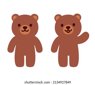 Simple and cute teddy bear standing and waving. Flat vector style cartoon illustration.