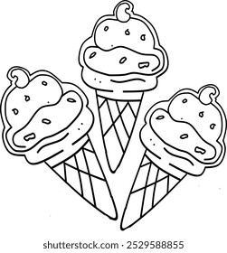 simple cute three of ice creams, clean thick black and white outline only, kids colouring book for age 5-10 years old