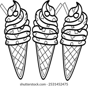 simple cute three of ice creams, clean thick black and white outline only, easy to draw and for kids colouring book at age 5-10 years old