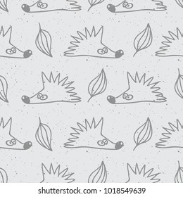 Simple cute tribal seamless pattern background with hedgehog or urchin with flying leaves on scratch background for textile, book covers, wallpapers, print, gift wrap and scrapbooking.