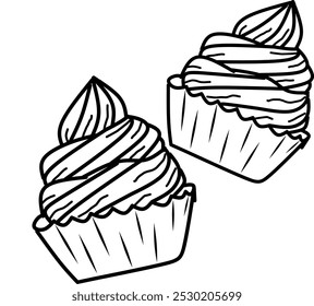 simple cute twi of ice creams or cupcakes , clean thick black and white outline only, kids coloring book for age 5-10 years old, and easy to draw
