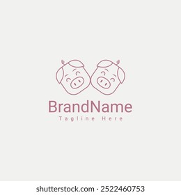 Simple cute twin pig line logo icon vector design