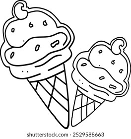 simple cute two ice creams, clean thick black and white outline only, kids colouring book for age 5-10 years old